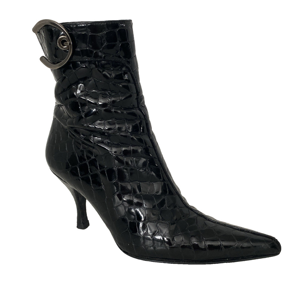 Stuart Weitzman Bootie Ankle Boot Point Toe Patent Leather Croc Embossed Black 7